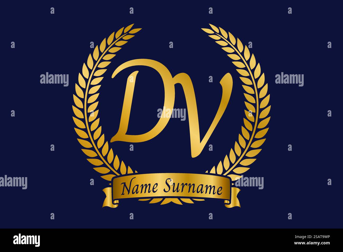 Lettera iniziale D e V, logo monogramma DV con corona in alloro. Emblema dorato di lusso con carattere calligrafico. Illustrazione Vettoriale