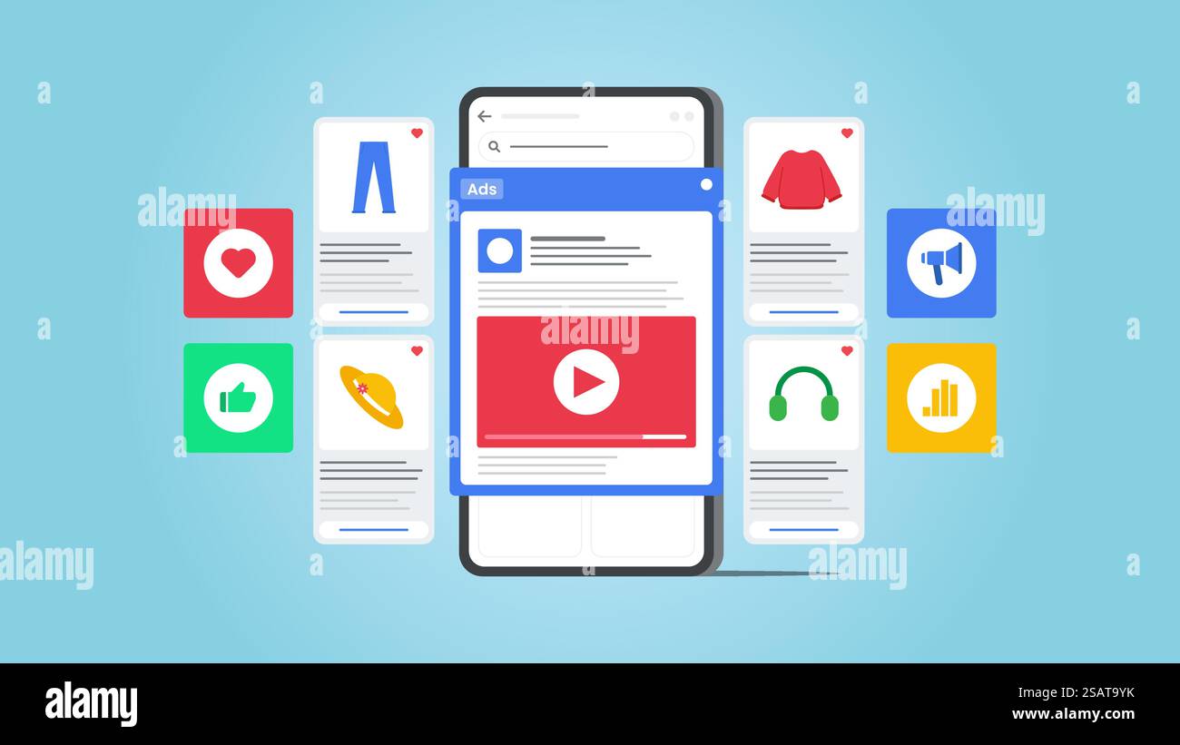 Concetto di pubblicità e-commerce mobile, banner vettoriale per annunci mobili. Illustrazione vettoriale con sfondo blu Illustrazione Vettoriale