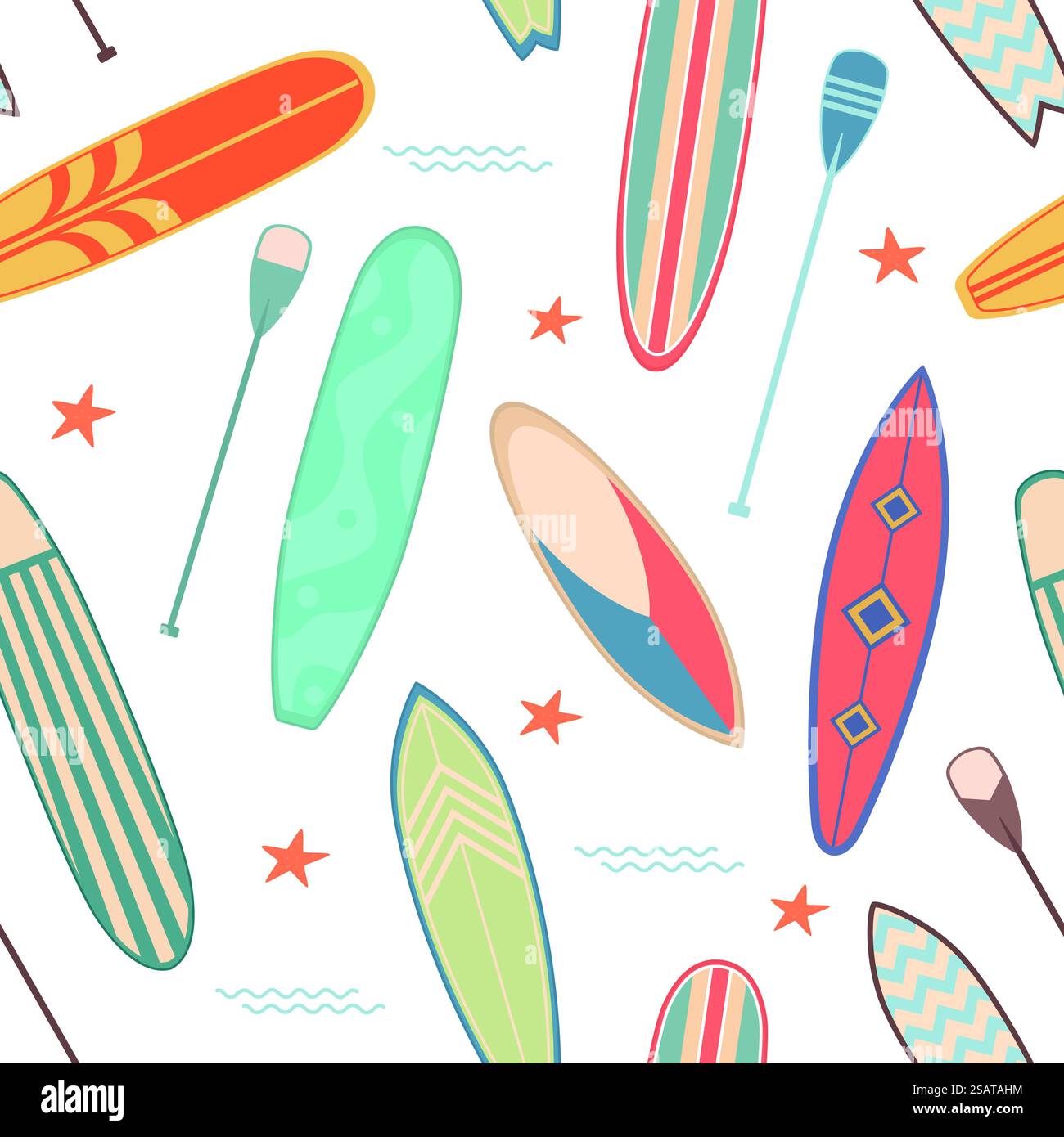 Tavole da surf senza cuciture. Divertente stampa ripetuta, tavola da mare di tipo diverso, onde in volo, oggetti da spiaggia. Tessuto decorativo, carta da rivestimento, carta da parati. Sfondo vettoriale attività estiva. Tavole da surf senza cuciture. Divertente stampa ripetuta, tavola da mare di tipo diverso, onde in volo, oggetti da spiaggia. Tessuto decorativo, carta da rivestimento, carta da parati. Sfondo vettoriale estate Illustrazione Vettoriale