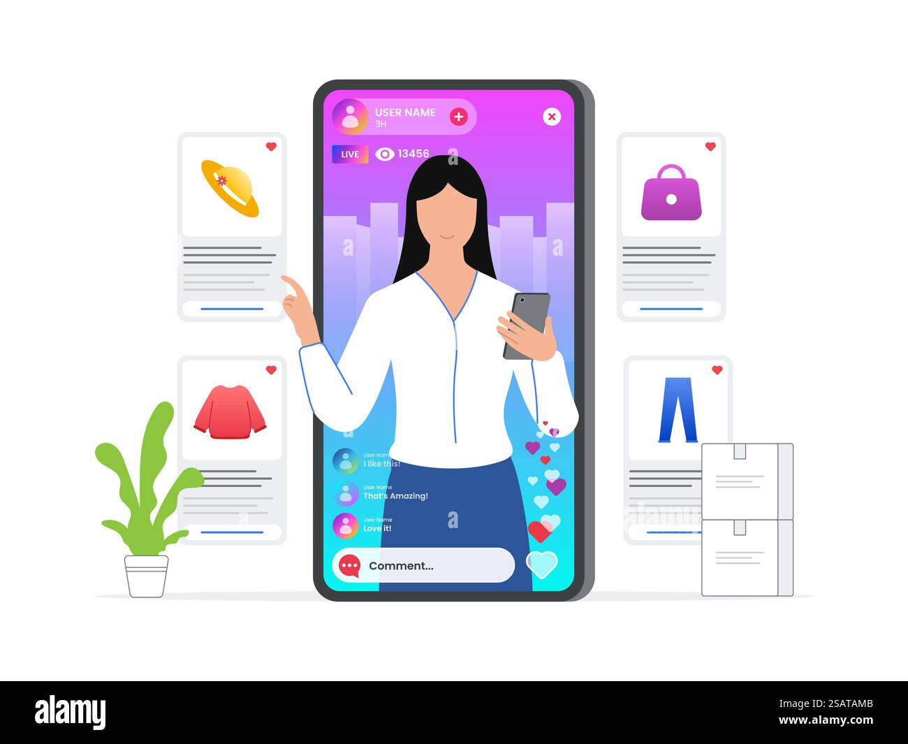 Donna che usa il social commerce per vendere prodotti dal vivo. Strumenti di marketing per attrarre il pubblico. Tecnologia di promozione digitale. Illustrazione vettoriale piatta Illustrazione Vettoriale