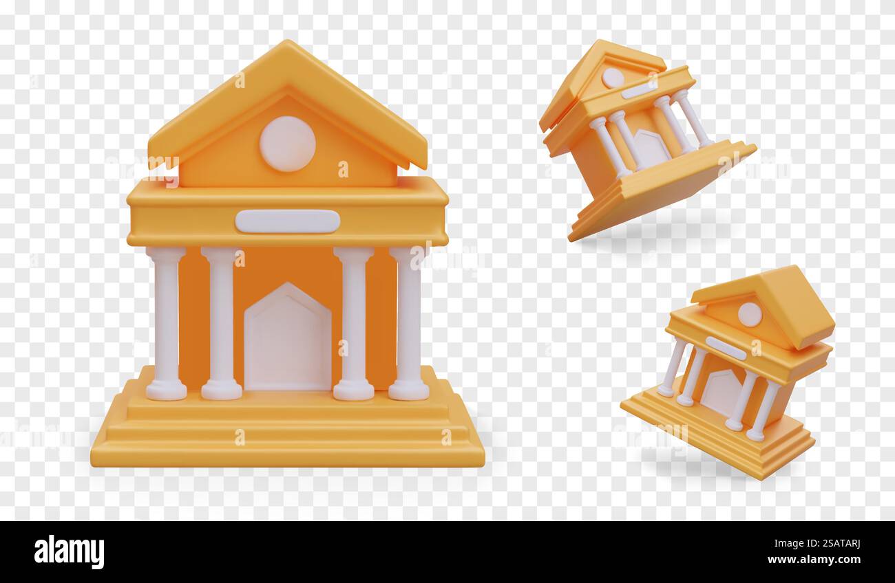 Edificio del tribunale 3D vettoriale con colonne. Vista frontale e angolata. Premesse per l'esame delle cause giudiziarie e delle cause legali. Frammenti vuoti per loghi, testi. Mockup in stile cartoni animati. Edificio del tribunale 3D vettoriale con colonne. Vista frontale e angolata Illustrazione Vettoriale