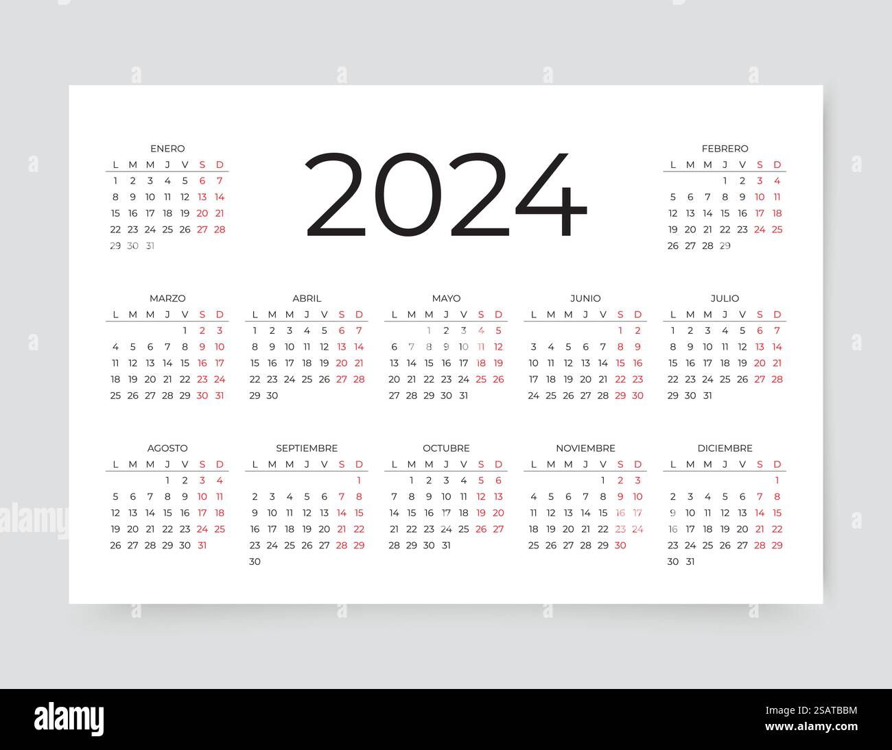 Calendario spagnolo 2024. Modelli di calandre per la Spagna. La settimana inizia lunedì. Organizzatore con 12 mesi. Calendario spagnolo per 2024 anni. Modello di griglia con 12 mesi. Illustrazione vettoriale. Illustrazione Vettoriale