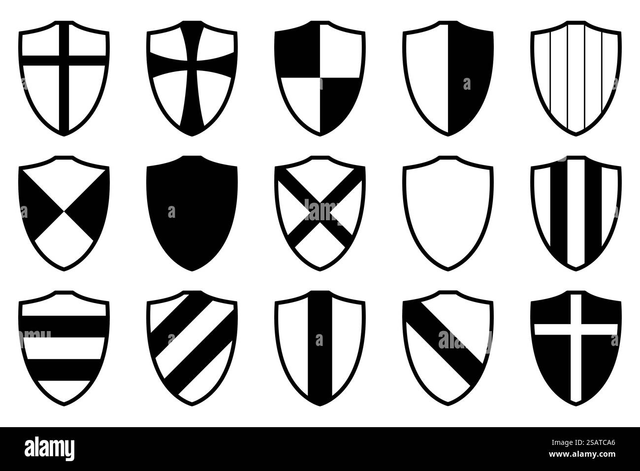 shield, sagoma vettoriale in bianco e nero illustrazione della forma degli schermi, isolata su bianco, set di icone Illustrazione Vettoriale