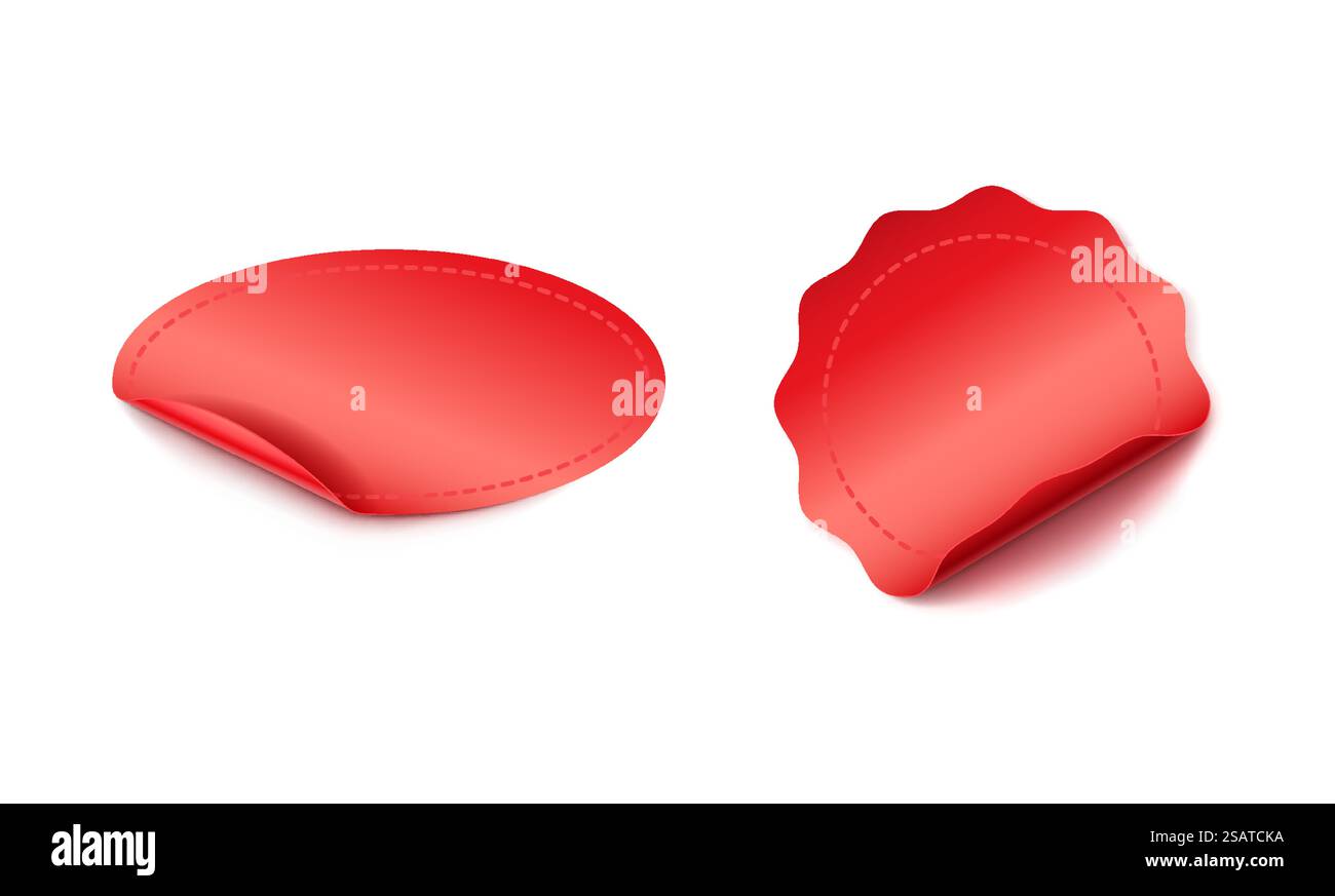 Set di illustrazioni vettoriali realistiche con etichette con logo ovali e sigillanti. Le etichette per i modelli 3d aziendali sono disponibili al dettaglio su sfondo bianco. Materiali promozionali. Set di illustrazioni vettoriali realistiche con etichette con logo ovali e sigillanti Illustrazione Vettoriale