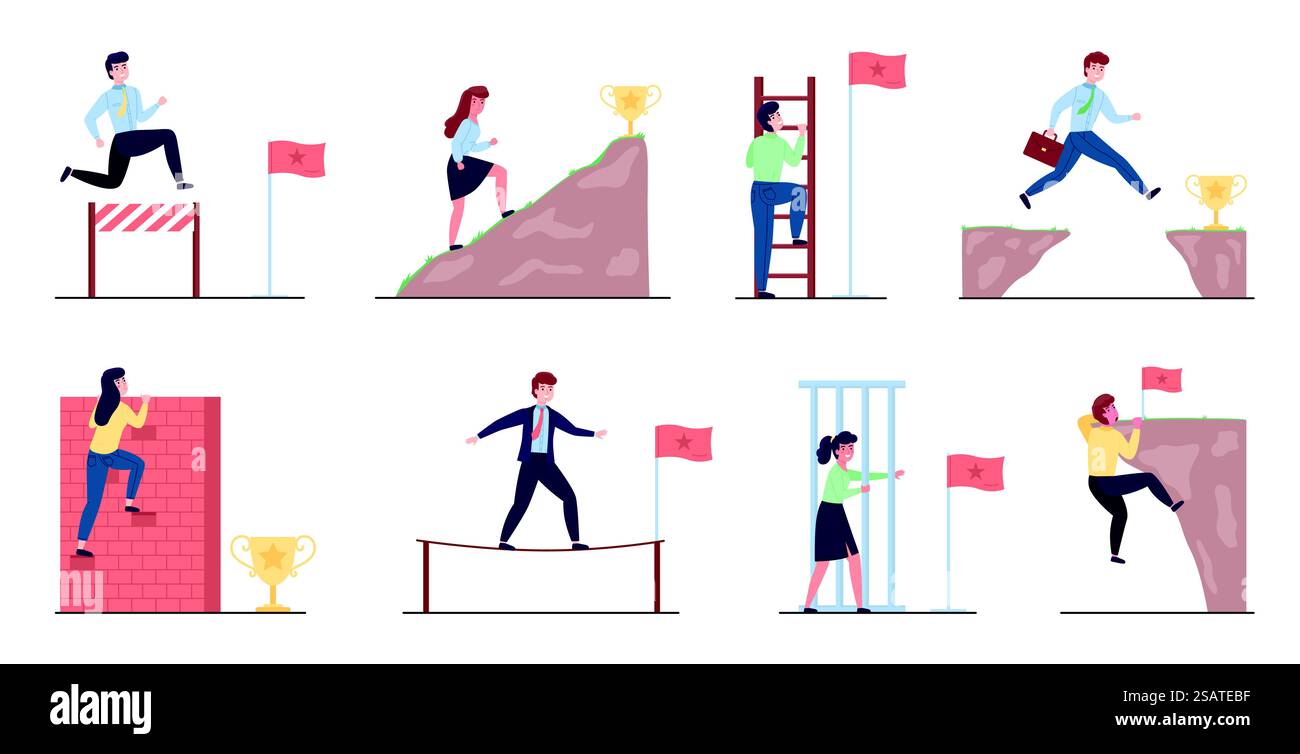 Persone che superano gli ostacoli. Uomini d'affari e donne, attività per raggiungere gli obiettivi, difficile successo, arrampicata su montagne e pareti, salire sulle scale e saltare oltre il bordo, cartoni animati vettoriali, set isolato. Persone che superano gli ostacoli. Uomini d'affari e donne, attività di raggiungimento degli obiettivi, difficile successo, arrampicata su montagne e pareti, salire sulle scale e saltare oltre il limite, set vettoriale isolato Illustrazione Vettoriale