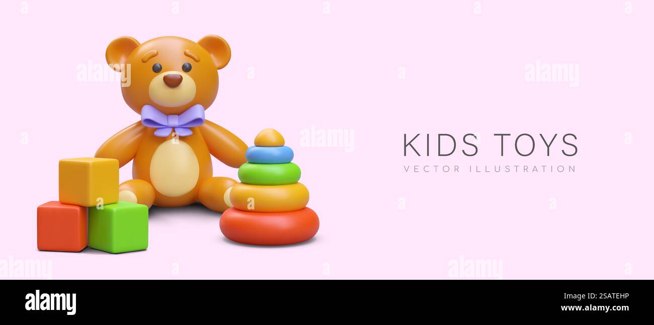 Concetto di giocattoli per bambini. Orso realistico è seduto accanto a cubi colorati e piramide. Banner per scuola materna, asilo. Pubblicità del deposito di prodotti per bambini. Concetto di giocattoli per bambini. Orso realistico è seduto accanto a cubi colorati e piramide Illustrazione Vettoriale