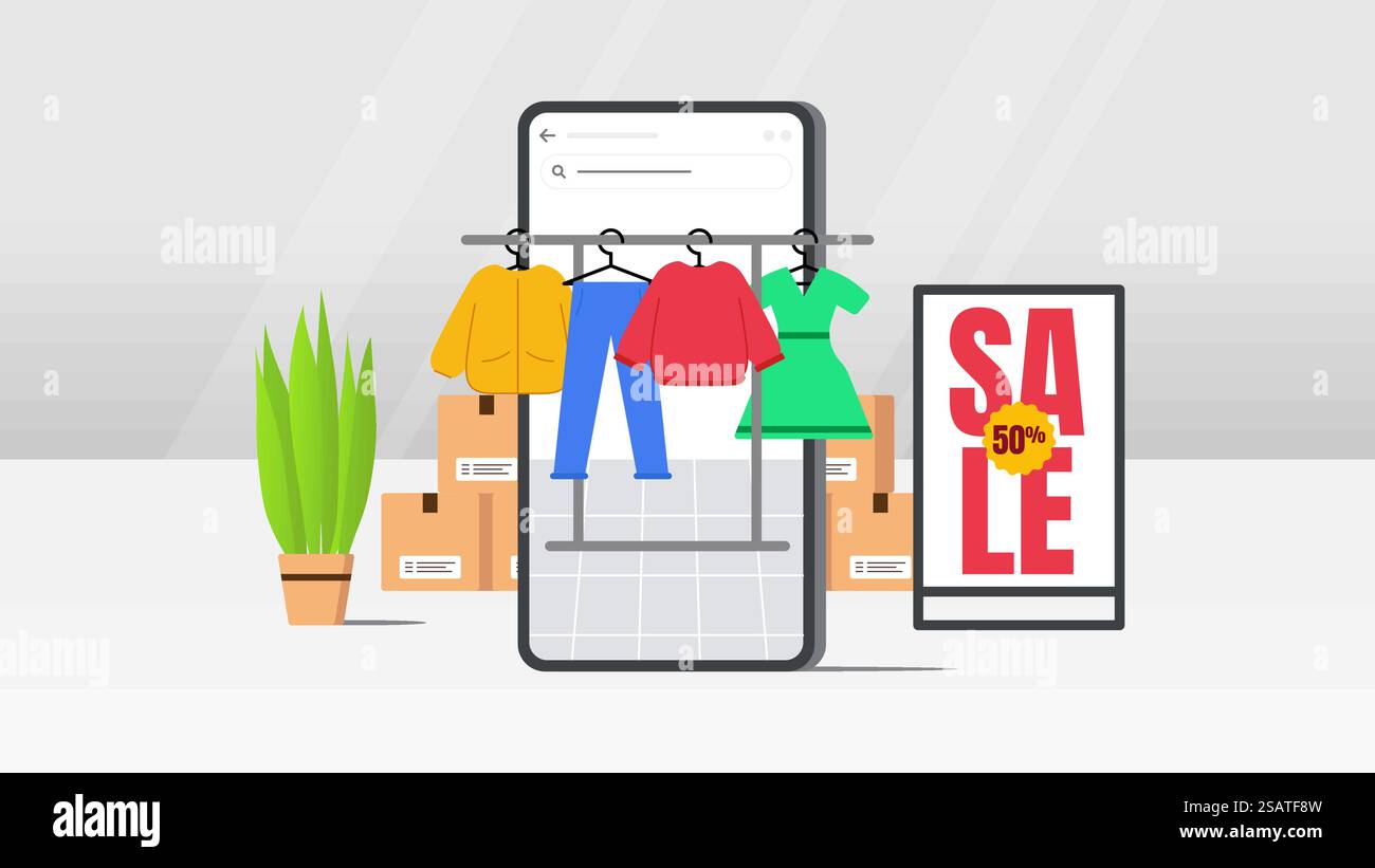 Illustrazione del vettore di vendita e-commerce. App mobile e Commerce con appendiabiti e sfondo bianco grigio. Illustrazione Vettoriale