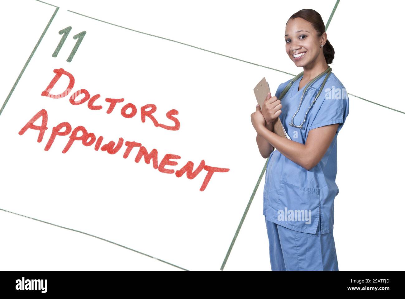 Bella dottoressa afroamericana nera in scrub Foto Stock