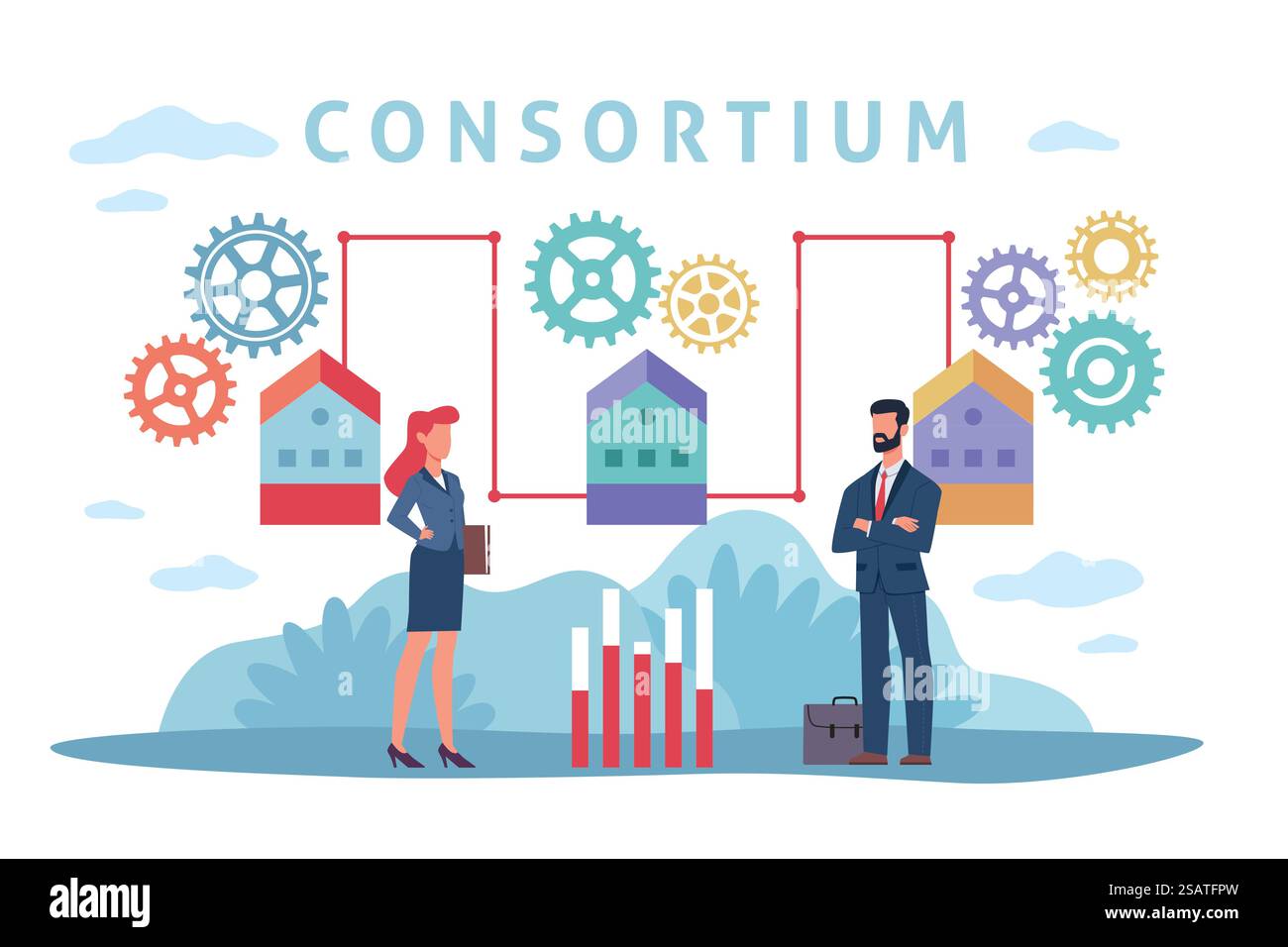 Consorzio, associazione di aziende, raggiungimento di un obiettivo comune, struttura aziendale. Donna d'affari e membri della lega degli uomini. Banner astratto con testo. Concetto isolato in stile piatto cartoni animati vettoriali. Consorzio, associazione di aziende, raggiungimento di un obiettivo comune, struttura aziendale. Donna d'affari e membri della lega degli uomini. Banner astratto con testo. Concetto piatto di cartoni animati vettoriali Illustrazione Vettoriale