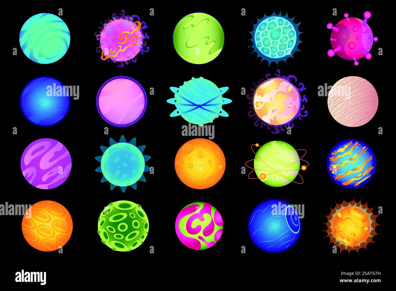 Galaxy Planets mega set dal design piatto. Raggruppa elementi di pianeti alieni astratti colorati e fantastiche sfere celesti dell'universo cosmo per un gioco spaziale. Oggetti grafici isolati nell'illustrazione vettoriale Illustrazione Vettoriale