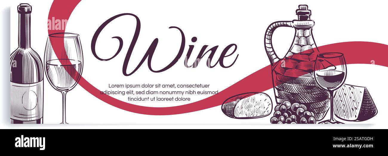 Striscione del vino. Promozione alcolici. Incisione disegnata a mano. Illustrazione vettoriale. Striscione del vino. Promozione alcolici. Incisione disegnata a mano Illustrazione Vettoriale