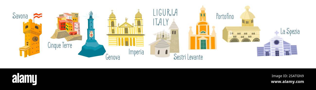 Insieme di edifici storici della Liguria, Italia. Attrazioni turistiche e architettura delle città. Illustrazione isolata su sfondo bianco. Foto Stock