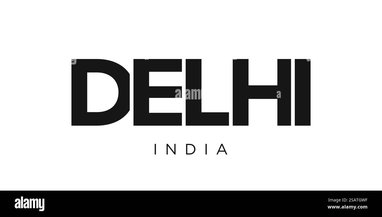 Delhi in India emblema per stampa e web. Il design presenta uno stile geometrico, un'illustrazione vettoriale con caratteri tipografici in grassetto in caratteri moderni. Slogan grafico isolato su sfondo bianco. Illustrazione Vettoriale