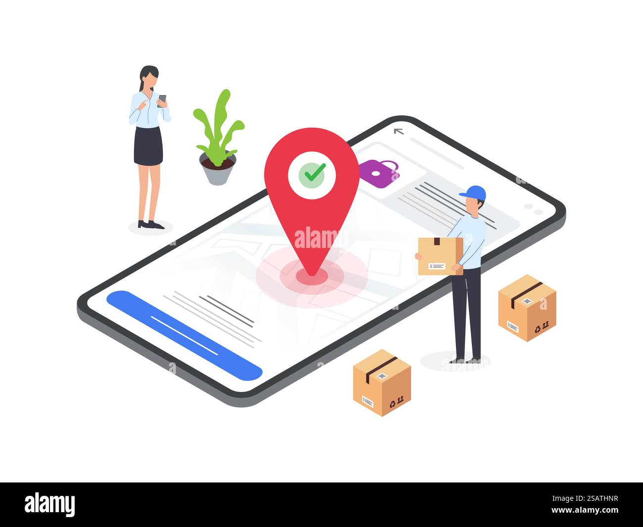 Illustrazioni isometriche dei clienti che ricevono pacchi dai corrieri. Grafica in stile piatto che illustra il processo di consegna e la soddisfazione del cliente. Illustrazione Vettoriale