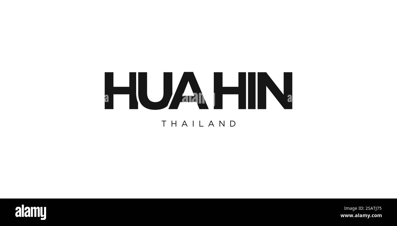 Hua Hin in Thailandia emblema per stampa e web. Il design presenta uno stile geometrico, un'illustrazione vettoriale con caratteri tipografici in grassetto in caratteri moderni. Slogan grafico isolato su sfondo bianco. Illustrazione Vettoriale