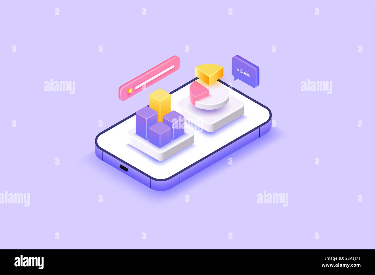Smartphone con grafici, analisi dei dati finanziari aziendali. Marketing online isolato su sfondo viola pastello. Illustrazione vettoriale 3d. Illustrazione Vettoriale
