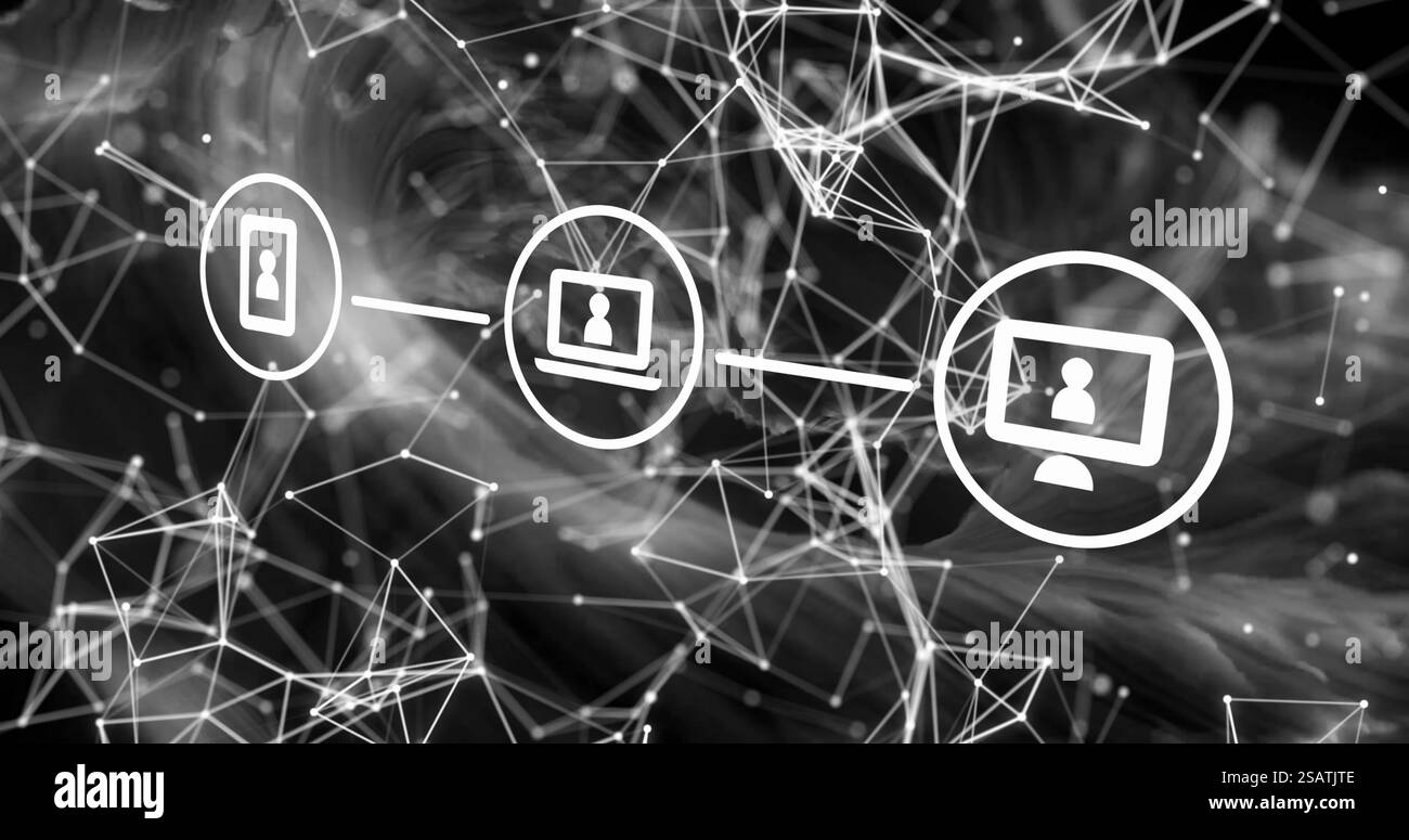 Immagine di una rete di connessioni con icone su forme bianche su sfondo nero Foto Stock