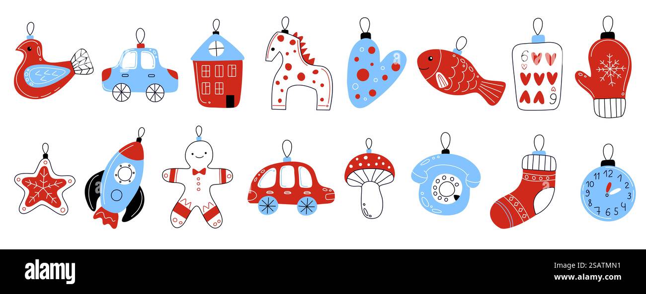 Giocattoli per alberi di Natale. Divertenti decorazioni natalizie, elementi per le vacanze, casa d'inverno, animali carini, guanti e cavalli, baule con motivi natalizi, elementi disegnati a mano per l'arredamento, elegante set isolato per il doodle vettoriale. Giocattoli per alberi di Natale. Divertenti decorazioni natalizie, elementi per le vacanze, casa d'inverno, animali carini, guanti e cavalli, baule con fantasia natalizia, elementi disegnati a mano, set isolato di scarabocchi vettoriali Illustrazione Vettoriale