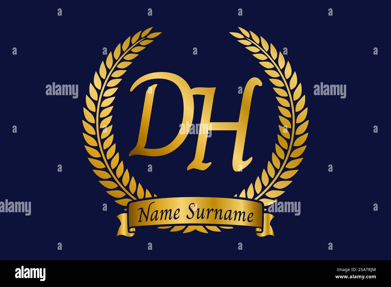 Lettera iniziale D e H, logo monogramma DH con corona in alloro. Emblema dorato di lusso con carattere calligrafico. Illustrazione Vettoriale