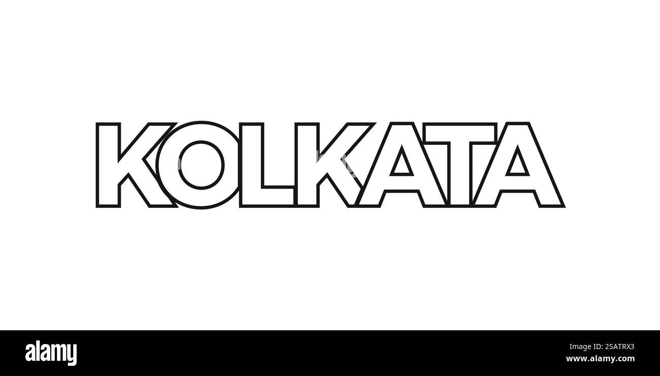 Kolkata in India emblema per stampa e web. Il design presenta uno stile geometrico, un'illustrazione vettoriale con caratteri tipografici in grassetto in caratteri moderni. Slogan grafico isolato su sfondo bianco. Illustrazione Vettoriale