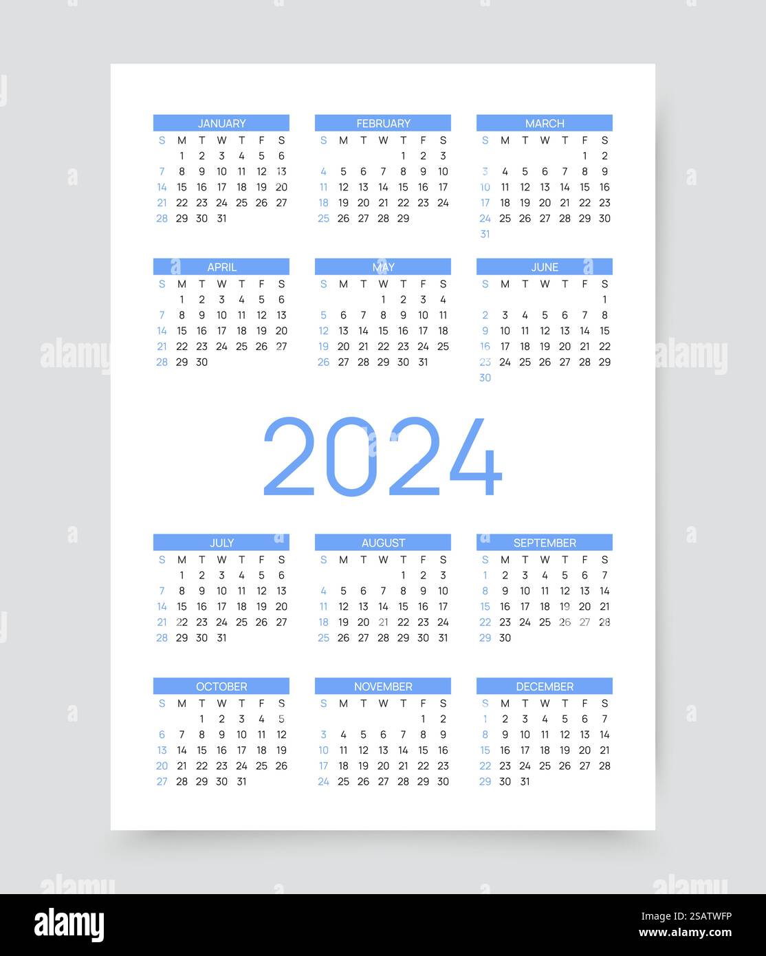 calendario 2024. Modello di calandre da tasca o da parete. Griglia annuale con 12 mesi. Layout Organizer Illustrazione Vettoriale