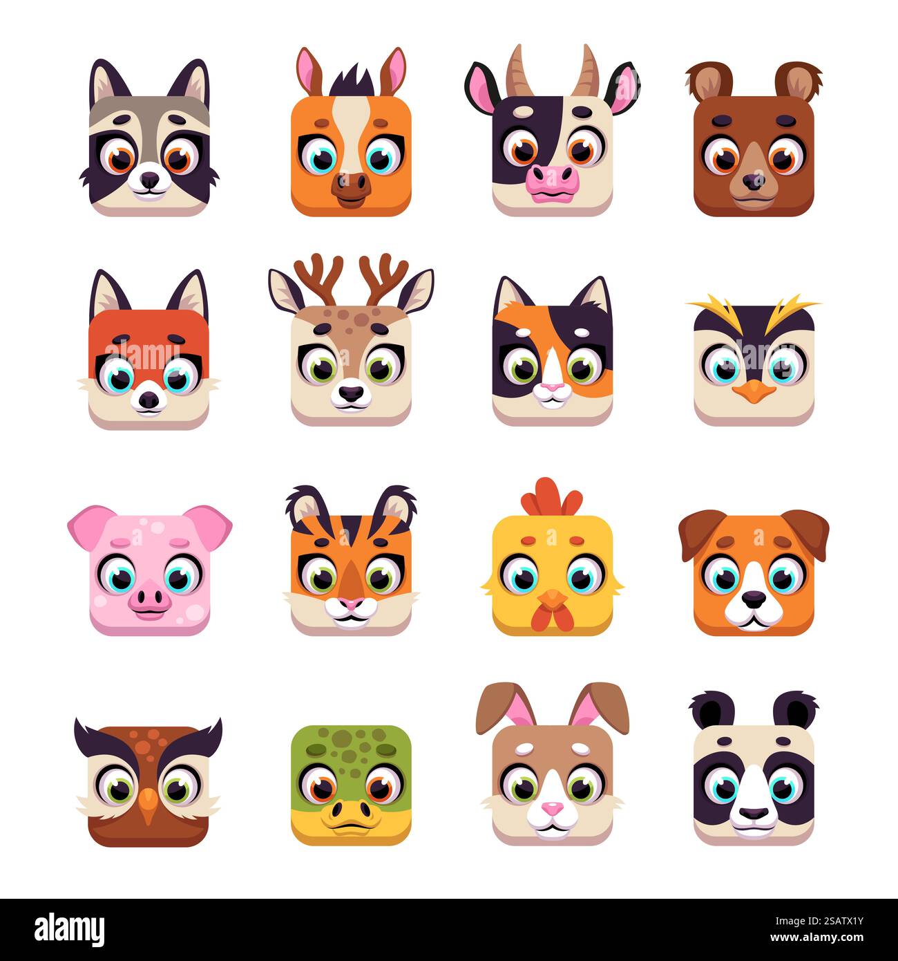 Faccia quadrata animale. Simpatiche icone dell'interfaccia utente dei cartoni animati con divertenti rompicapo, animali selvatici e teste domestiche. Procione Kawaii, orso, tigre e coniglio. Avatar maiale, panda e mucca. Set isolato con vettore verticale per cani e gatti. Faccia quadrata animale. Simpatiche icone dell'interfaccia utente dei cartoni animati con divertenti rompicapo, animali selvatici e teste domestiche. Procione Kawaii, orso, tigre e coniglio. Avatar maiale, panda e mucca. Set di ritratti isolati vettoriali Illustrazione Vettoriale