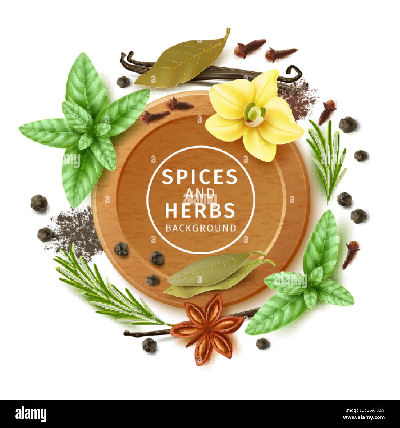 Spezie ed erbe aromatiche, composizione rotonda. Ingredienti alimentari naturali realistici, semi secchi, polveri, foglie fresche e ramoscelli su piastra di legno, cornice con spazio di copia, vettore isolato sul bianco. Spezie ed erbe aromatiche, composizione rotonda. Diversi ingredienti naturali realistici per alimenti, semi secchi, polveri, foglie fresche e ramoscelli su piastra di legno, cornice con spazio di copia, concetto vettoriale Illustrazione Vettoriale