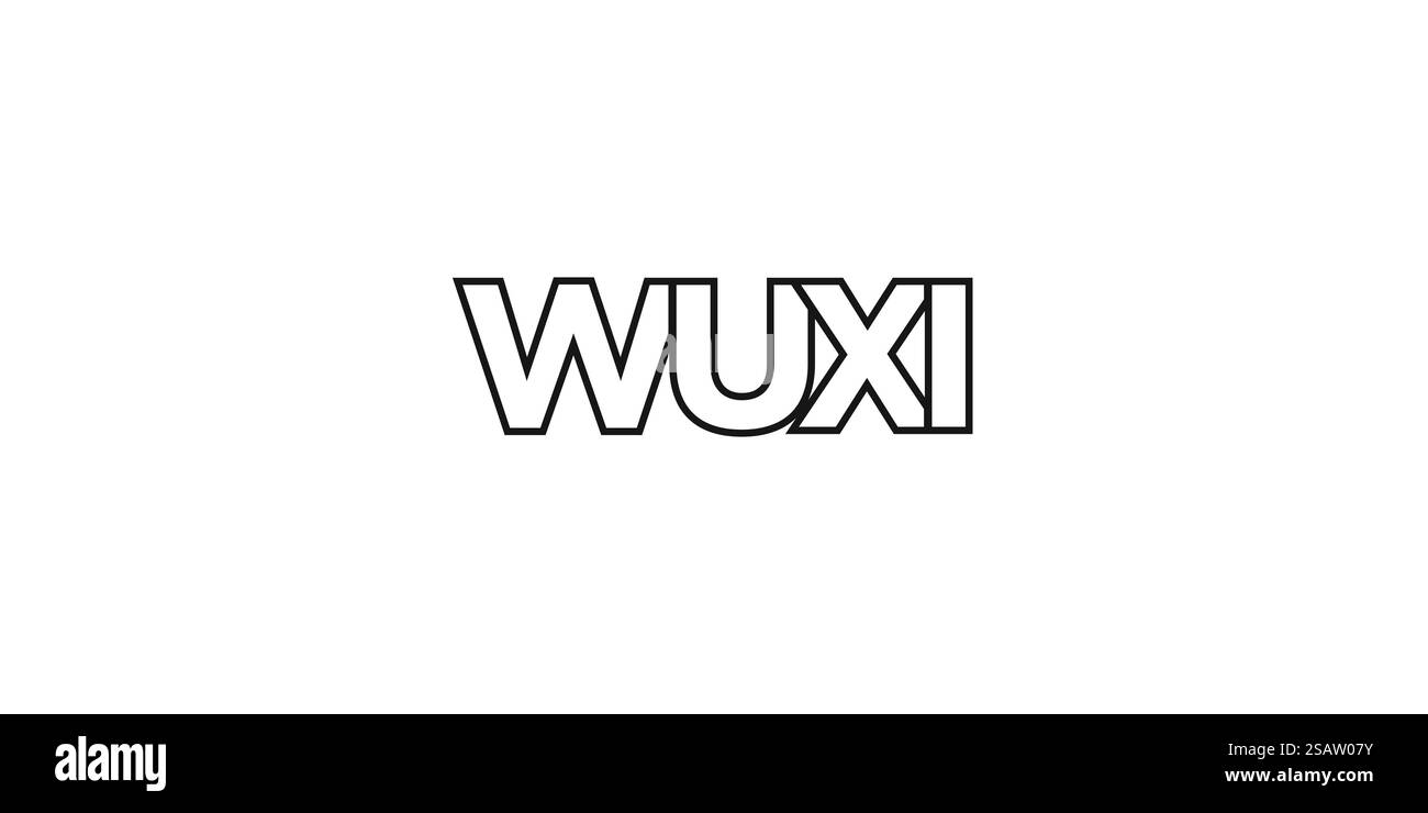 Wuxi in the China emblema per stampa e web. Il design presenta uno stile geometrico, un'illustrazione vettoriale con caratteri tipografici in grassetto in caratteri moderni. Slogan grafico isolato su sfondo bianco. Illustrazione Vettoriale