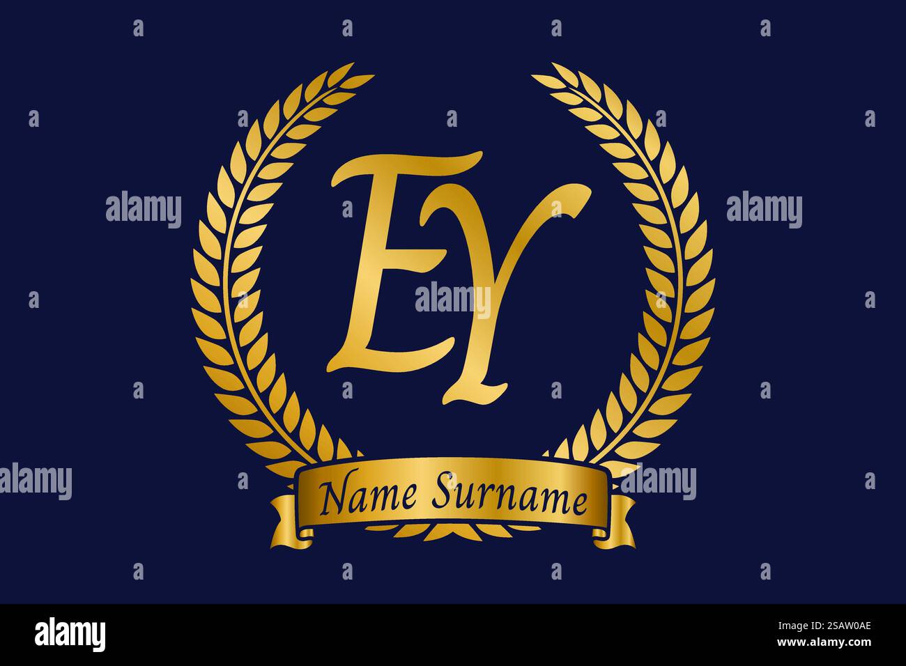Lettera iniziale e e Y, logo EY monogramma con corona in alloro. Emblema dorato di lusso con carattere calligrafico. Illustrazione Vettoriale