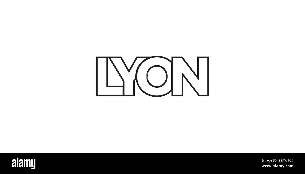 Lyon in the France emblema per stampa e web. Il design presenta uno stile geometrico, un'illustrazione vettoriale con caratteri tipografici in grassetto in caratteri moderni. Slogan grafico isolato su sfondo bianco. Illustrazione Vettoriale
