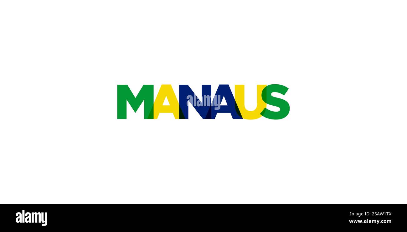 Manaus in Brasil emblema per stampa e web. Il design presenta uno stile geometrico, un'illustrazione vettoriale con caratteri tipografici in grassetto in caratteri moderni. Slogan grafico isolato su sfondo bianco. Illustrazione Vettoriale