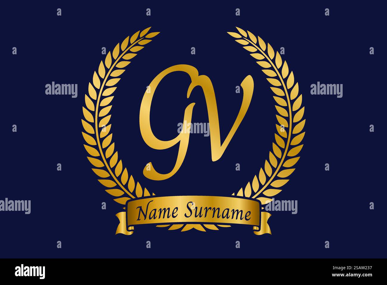 Lettera iniziale G e V, logo GV monogramma con corona in alloro. Emblema dorato di lusso con carattere calligrafico. Illustrazione Vettoriale