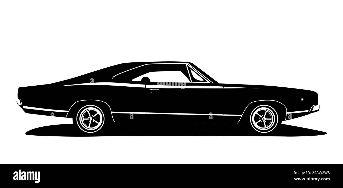 Profilo della muscle car americana vettoriale. Design grafico classico per veicoli. Profilo Hot Rod bianco e nero. Etichetta auto per logo Web, produzione di stampe. . Profilo della muscle car americana vettoriale. Design grafico classico per veicoli. Profilo Hot Rod bianco e nero. Illustrazione Vettoriale