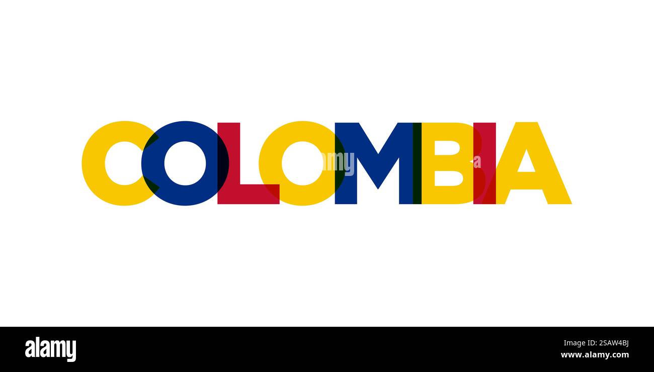 Emblema della Colombia per stampa e Web. Il design presenta uno stile geometrico, un'illustrazione vettoriale con caratteri tipografici in grassetto in caratteri moderni. Slogan grafico isolato su sfondo bianco. Illustrazione Vettoriale