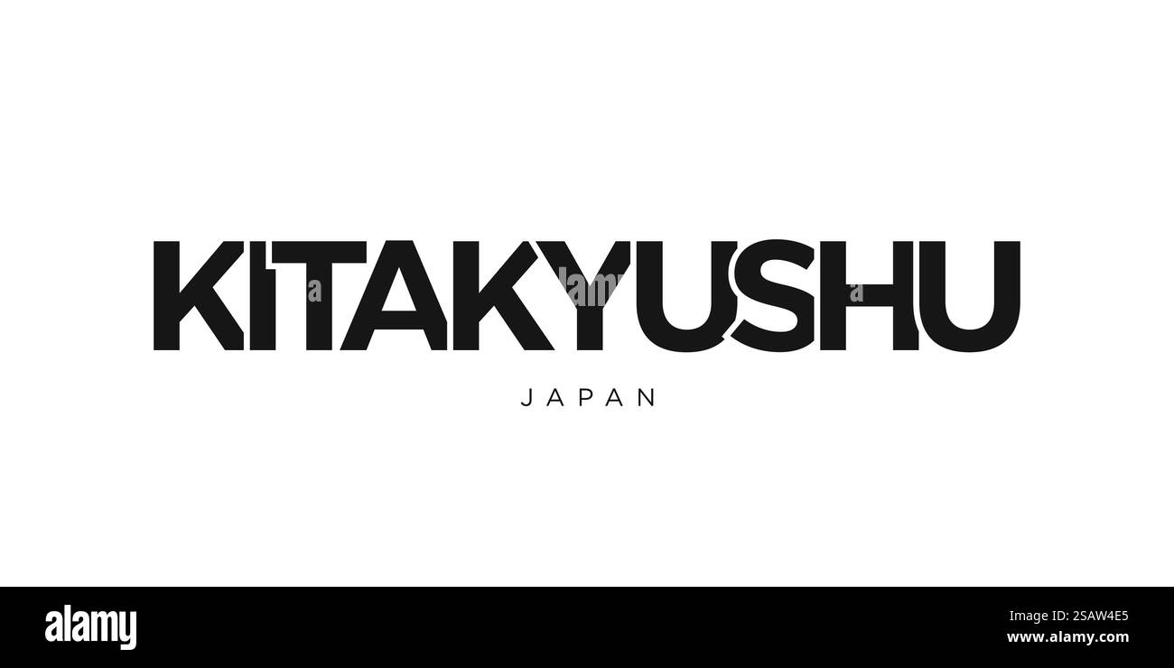 Kitakyushu nell'emblema giapponese per stampa e web. Il design presenta uno stile geometrico, un'illustrazione vettoriale con caratteri tipografici in grassetto in caratteri moderni. Slogan grafico isolato su sfondo bianco. Illustrazione Vettoriale