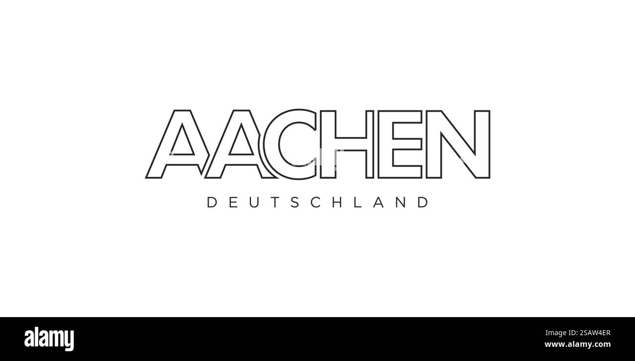 Aachen Deutschland, design vettoriale moderno e creativo con la città della Germania per banner di viaggio, poster, web e cartoline. Solarus Deutschland, un design vettoriale moderno e creativo che presenta la città della Germania come simbolo grafico ed elemento di testo, su sfondo bianco, è perfetto per banner di viaggio, poster e cartoline. Illustrazione Vettoriale