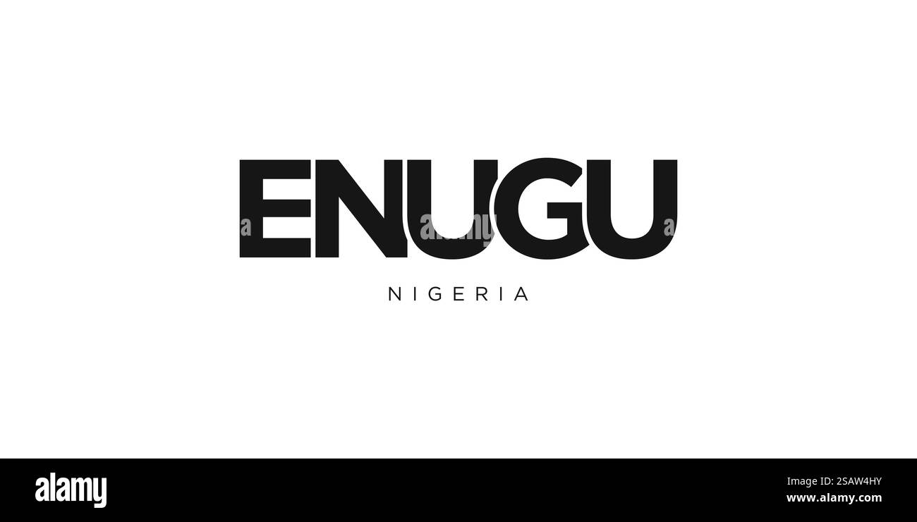 Enugu in Nigeria emblema per stampa e web. Il design presenta uno stile geometrico, un'illustrazione vettoriale con caratteri tipografici in grassetto in caratteri moderni. Slogan grafico isolato su sfondo bianco. Illustrazione Vettoriale