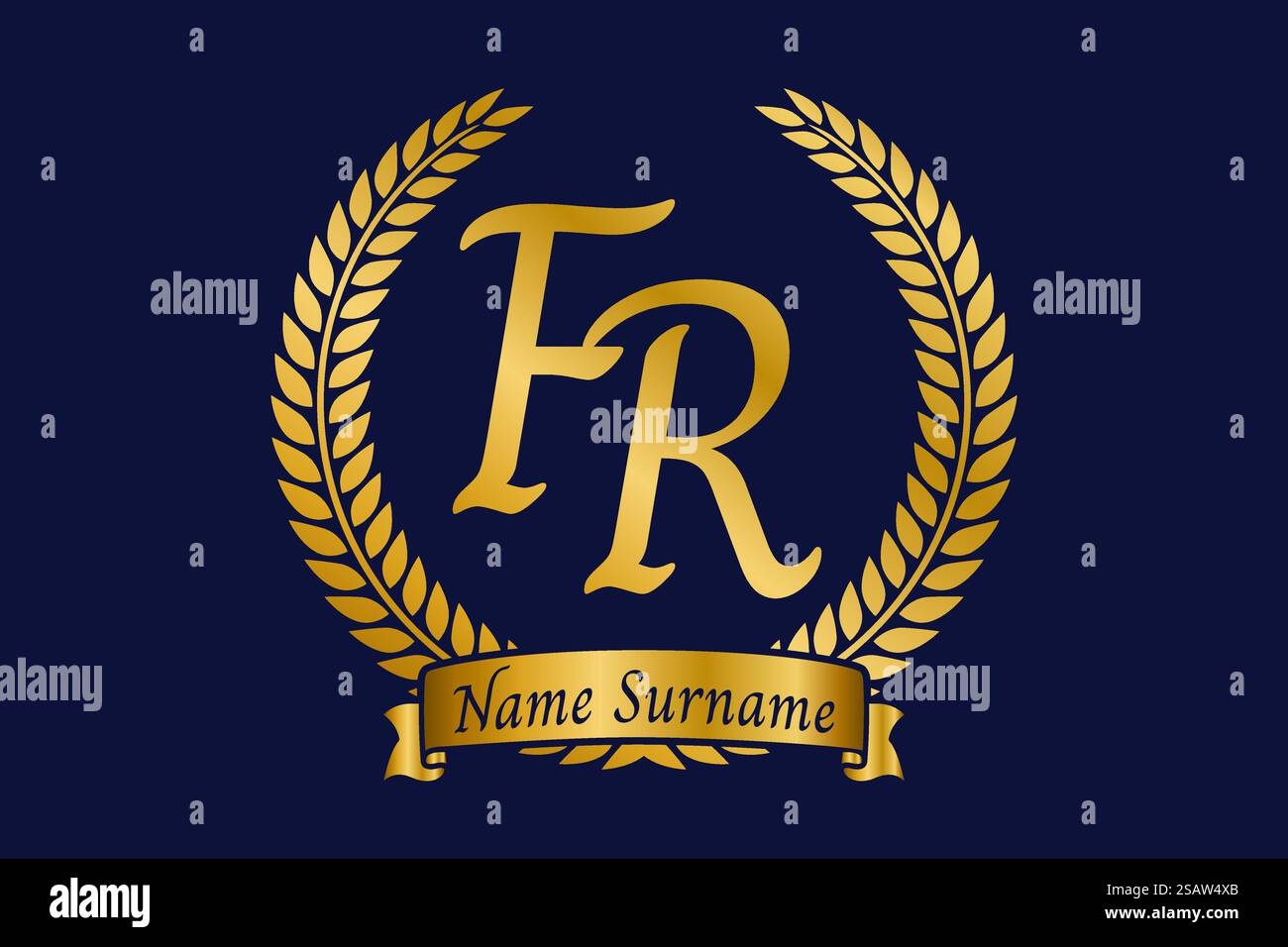 Lettera iniziale F e R, logo monogramma FR con corona in alloro. Emblema dorato di lusso con carattere calligrafico. Illustrazione Vettoriale