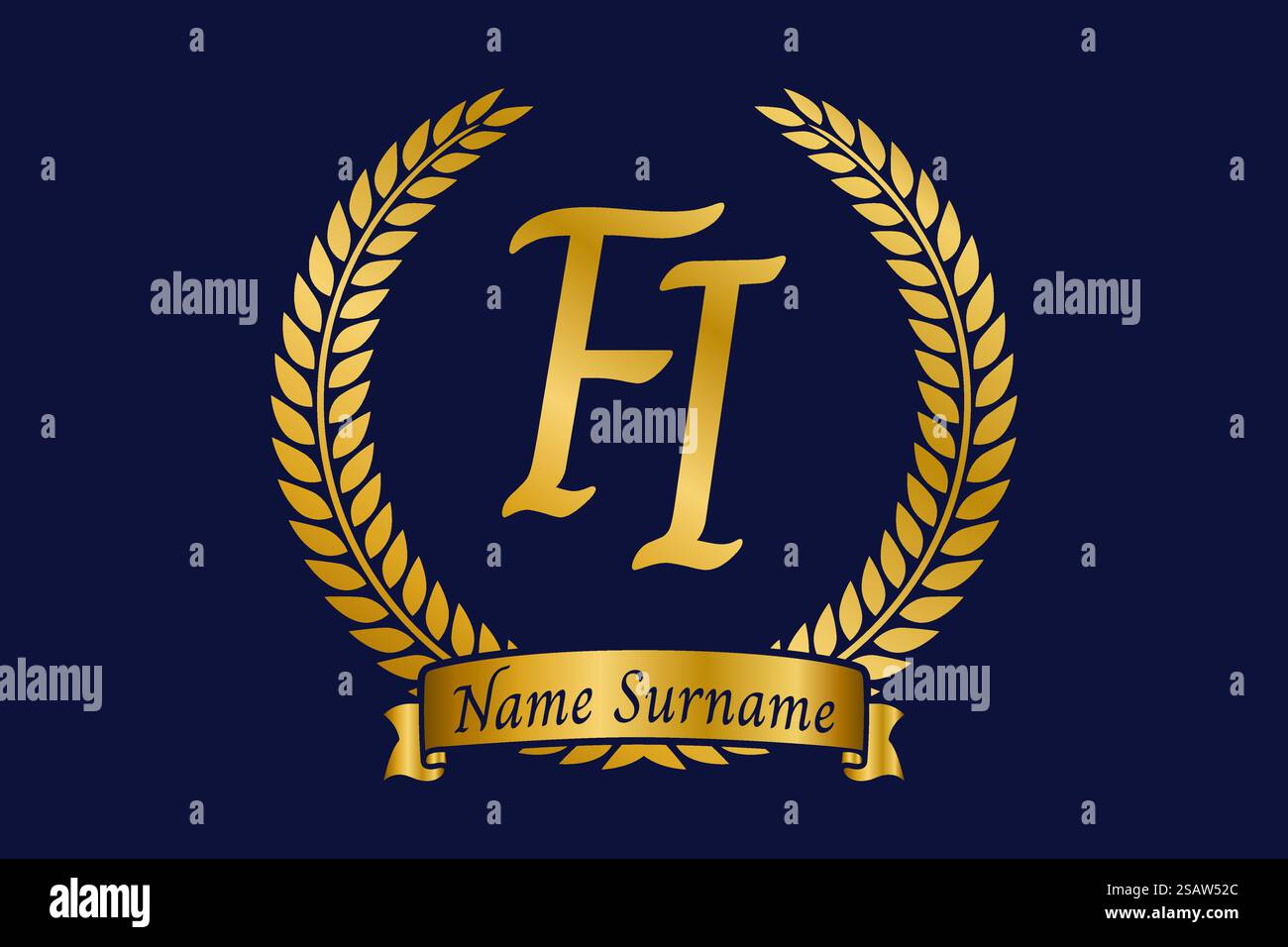 Lettera iniziale F e i, logo FI monogramma con corona in alloro. Emblema dorato di lusso con carattere calligrafico. Illustrazione Vettoriale