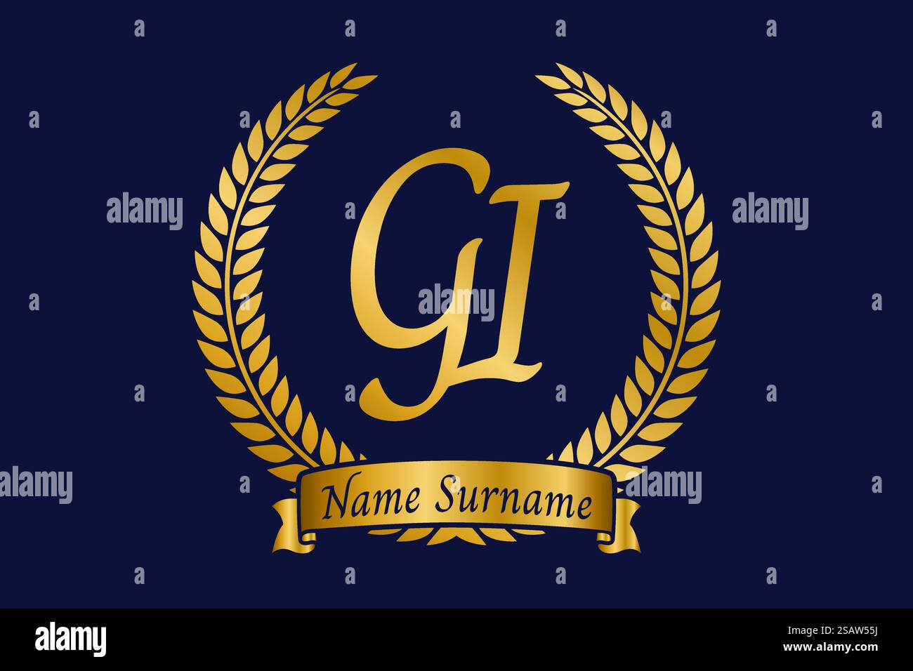 Lettera iniziale G e i, logo monogramma gi con corona in alloro. Emblema dorato di lusso con carattere calligrafico. Illustrazione Vettoriale