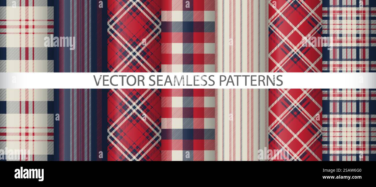 Impostare il vettore di controllo tartan. Tessuto tessile. Collezione plaid senza cuciture con motivo di sfondo. Illustrazione Vettoriale Impostare il vettore di controllo tartan. Tessuto tessile. Collezione plaid senza cuciture con motivo di sfondo. Illustrazione Vettoriale