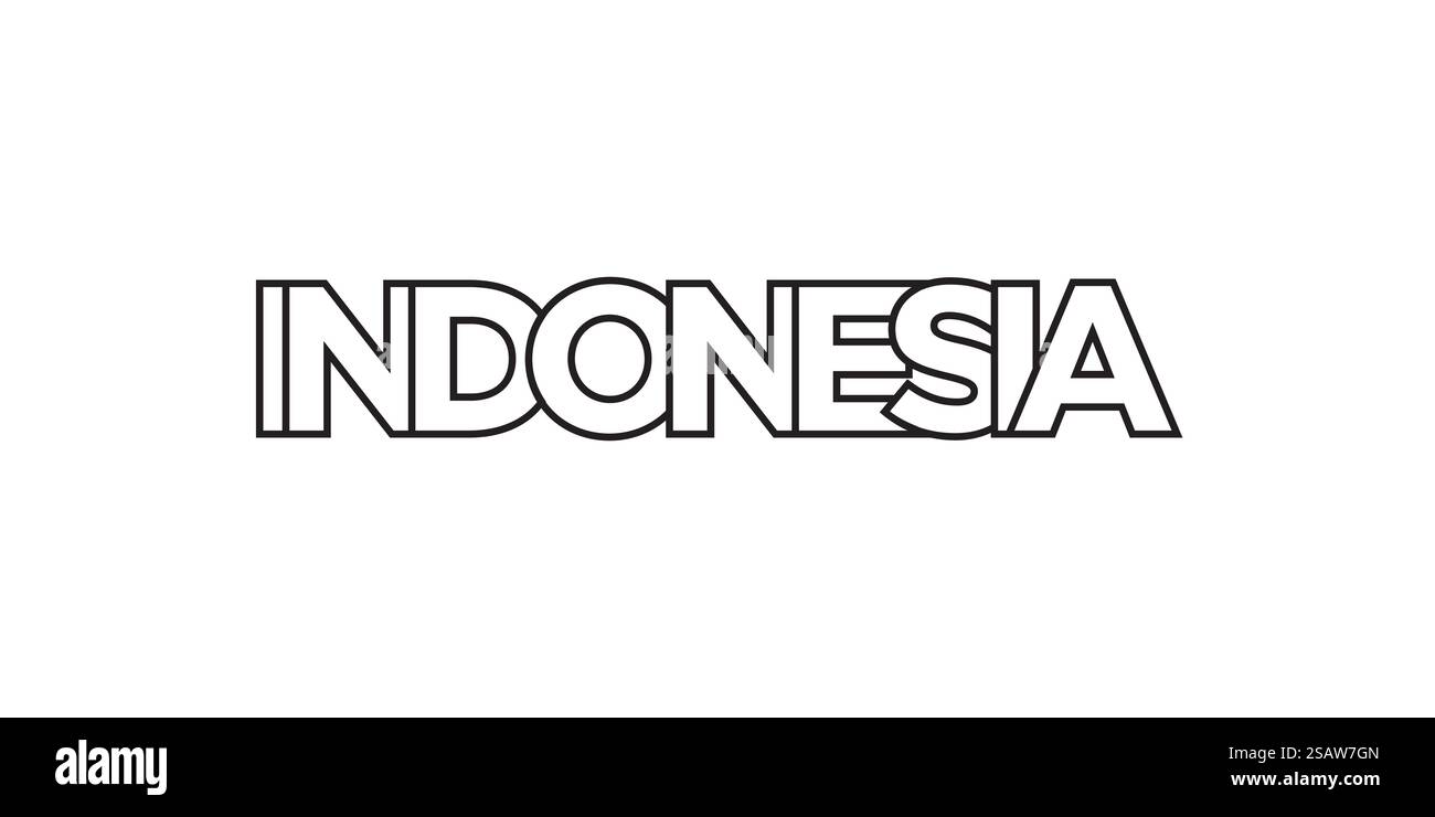 Emblema Indonesia per stampa e Web. Il design presenta uno stile geometrico, un'illustrazione vettoriale con caratteri tipografici in grassetto in caratteri moderni. Slogan grafico isolato su sfondo bianco.. Emblema Indonesia. Il design presenta uno stile geometrico, un'illustrazione vettoriale con caratteri tipografici in grassetto e un carattere moderno. Il lettering grafico dello slogan. Illustrazione Vettoriale