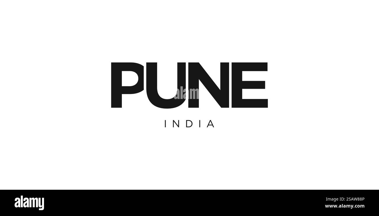 Pune in India emblema per stampa e web. Il design presenta uno stile geometrico, un'illustrazione vettoriale con caratteri tipografici in grassetto in caratteri moderni. Slogan grafico isolato su sfondo bianco. Illustrazione Vettoriale