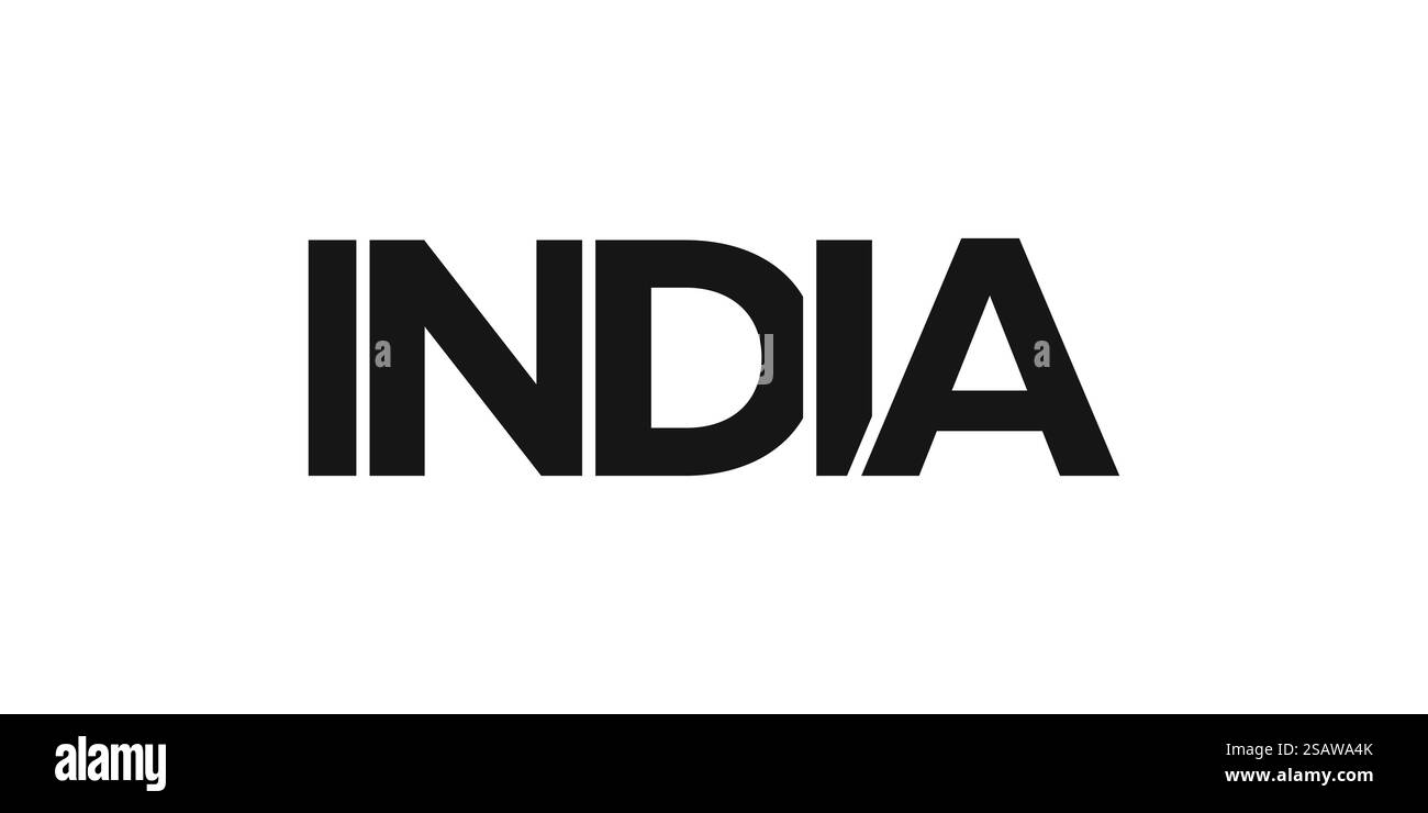 Emblema dell'India per stampa e Web. Il design presenta uno stile geometrico, un'illustrazione vettoriale con caratteri tipografici in grassetto in caratteri moderni. Slogan grafico isolato su sfondo bianco. Illustrazione Vettoriale