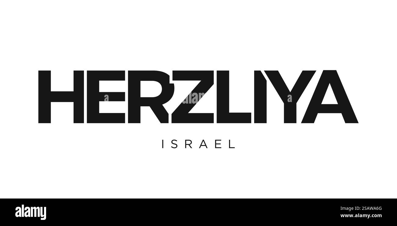 Herzliya nell'emblema di Israele per stampa e web. Il design presenta uno stile geometrico, un'illustrazione vettoriale con caratteri tipografici in grassetto in caratteri moderni. Slogan grafico isolato su sfondo bianco. Illustrazione Vettoriale