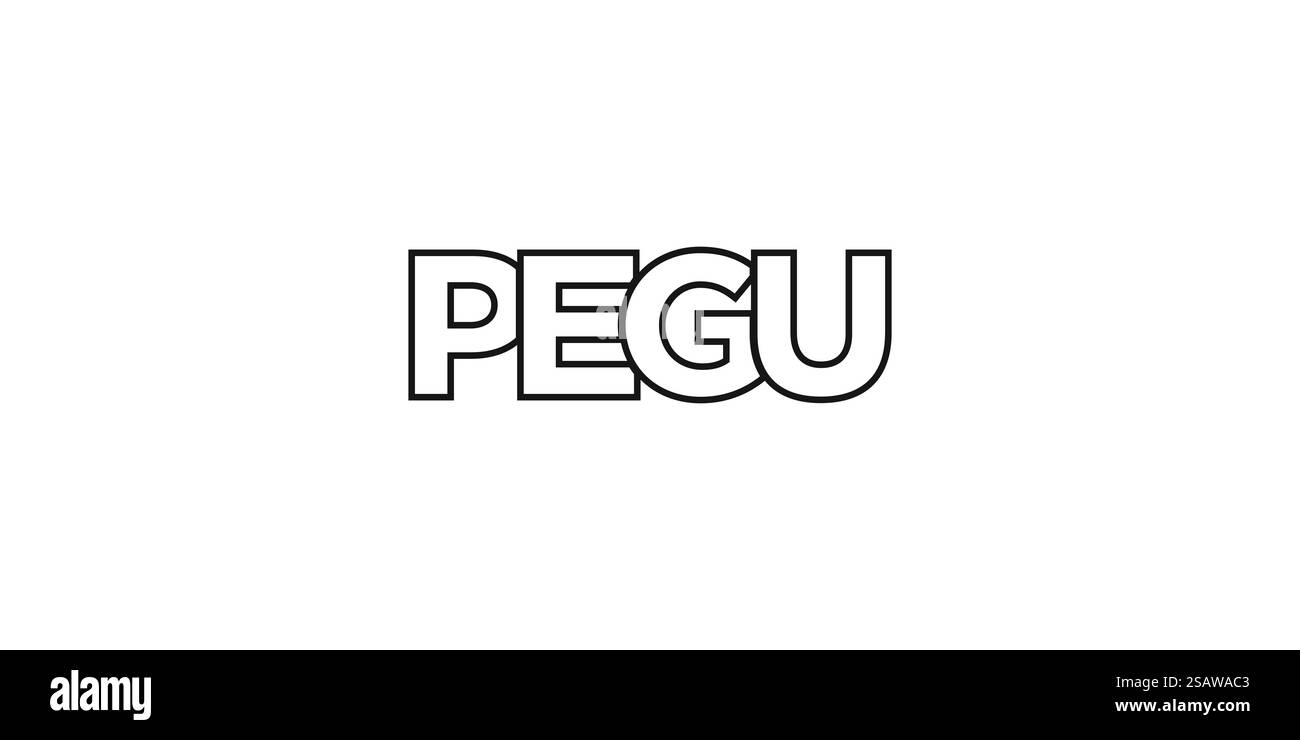 Pegu nell'emblema del Myanmar per stampa e web. Il design presenta uno stile geometrico, un'illustrazione vettoriale con caratteri tipografici in grassetto in caratteri moderni. Slogan grafico isolato su sfondo bianco. Illustrazione Vettoriale