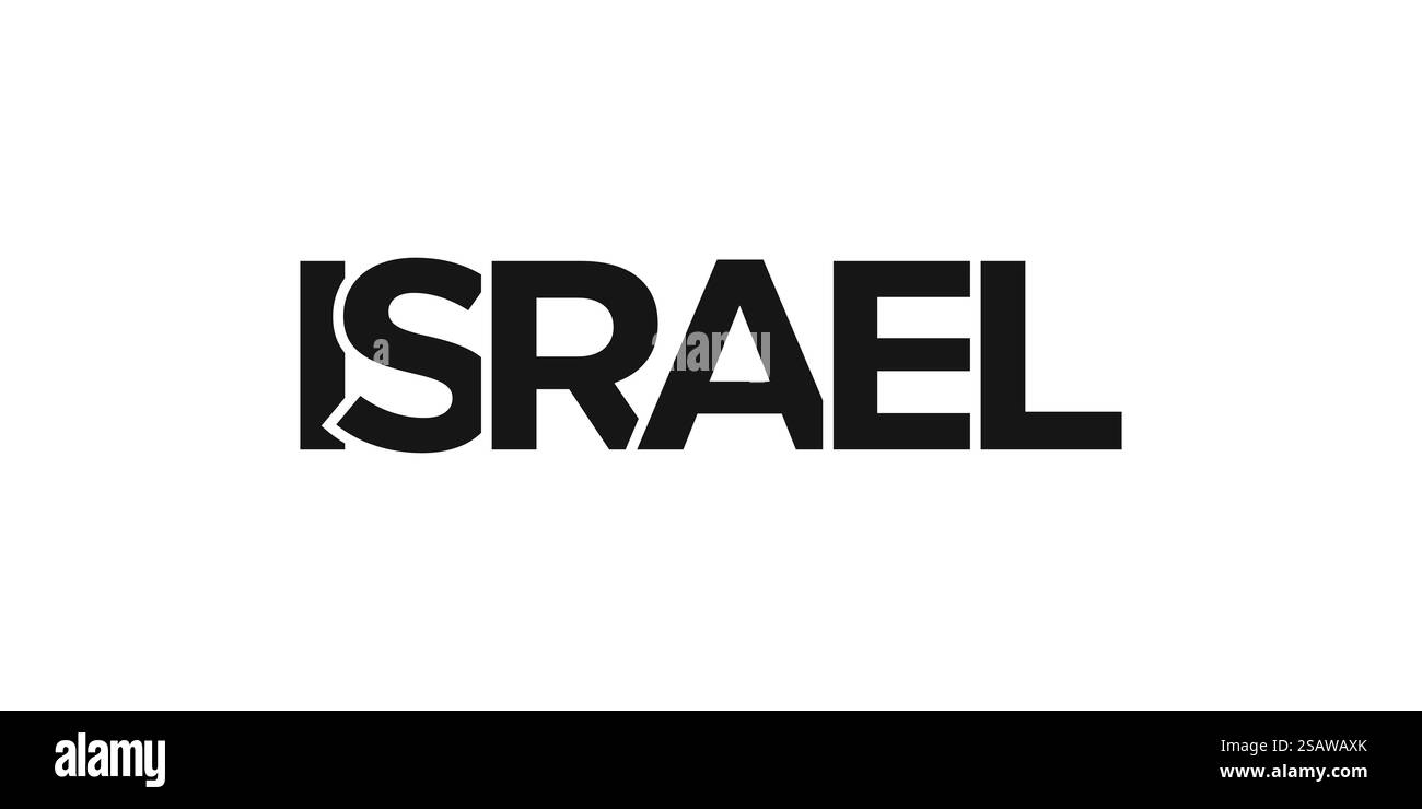 Emblema di Israele per stampa e web. Il design presenta uno stile geometrico, un'illustrazione vettoriale con caratteri tipografici in grassetto in caratteri moderni. Slogan grafico isolato su sfondo bianco. Illustrazione Vettoriale