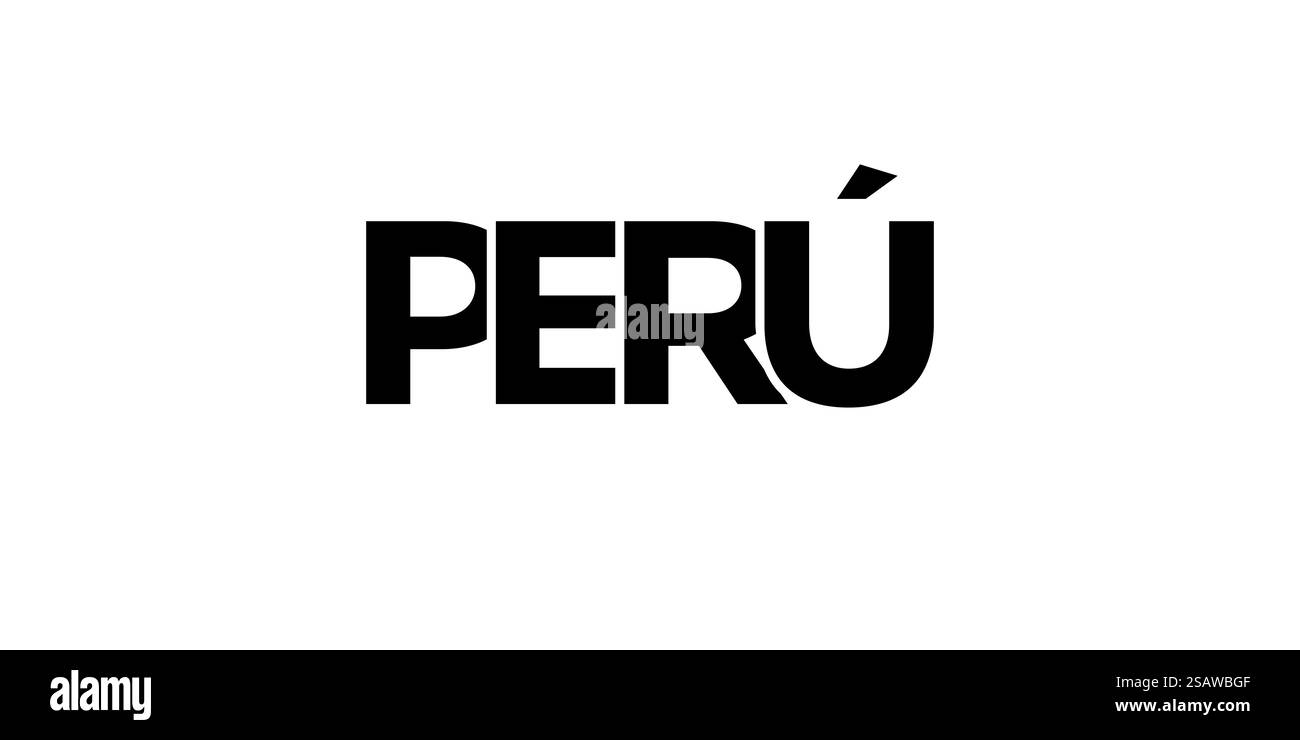 Emblema del Perù per stampa e Web. Il design presenta uno stile geometrico, un'illustrazione vettoriale con caratteri tipografici in grassetto in caratteri moderni. Slogan grafico isolato su sfondo bianco. Illustrazione Vettoriale
