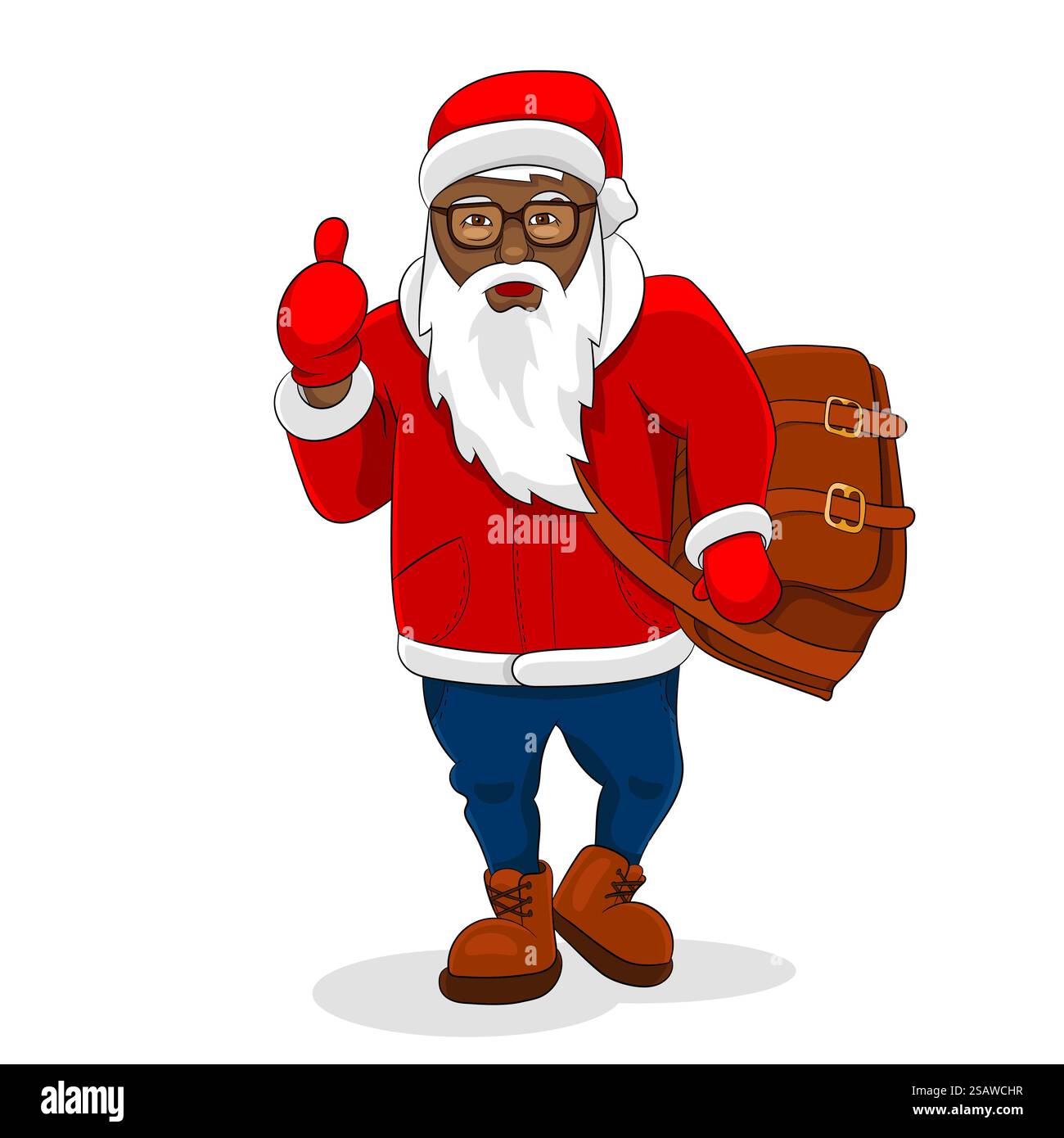 Il babbo natale nero africano indossa abiti alla moda con il pollice in su. Illustrazione vettoriale. Il babbo natale nero africano indossa abiti alla moda con il pollice in su Illustrazione Vettoriale