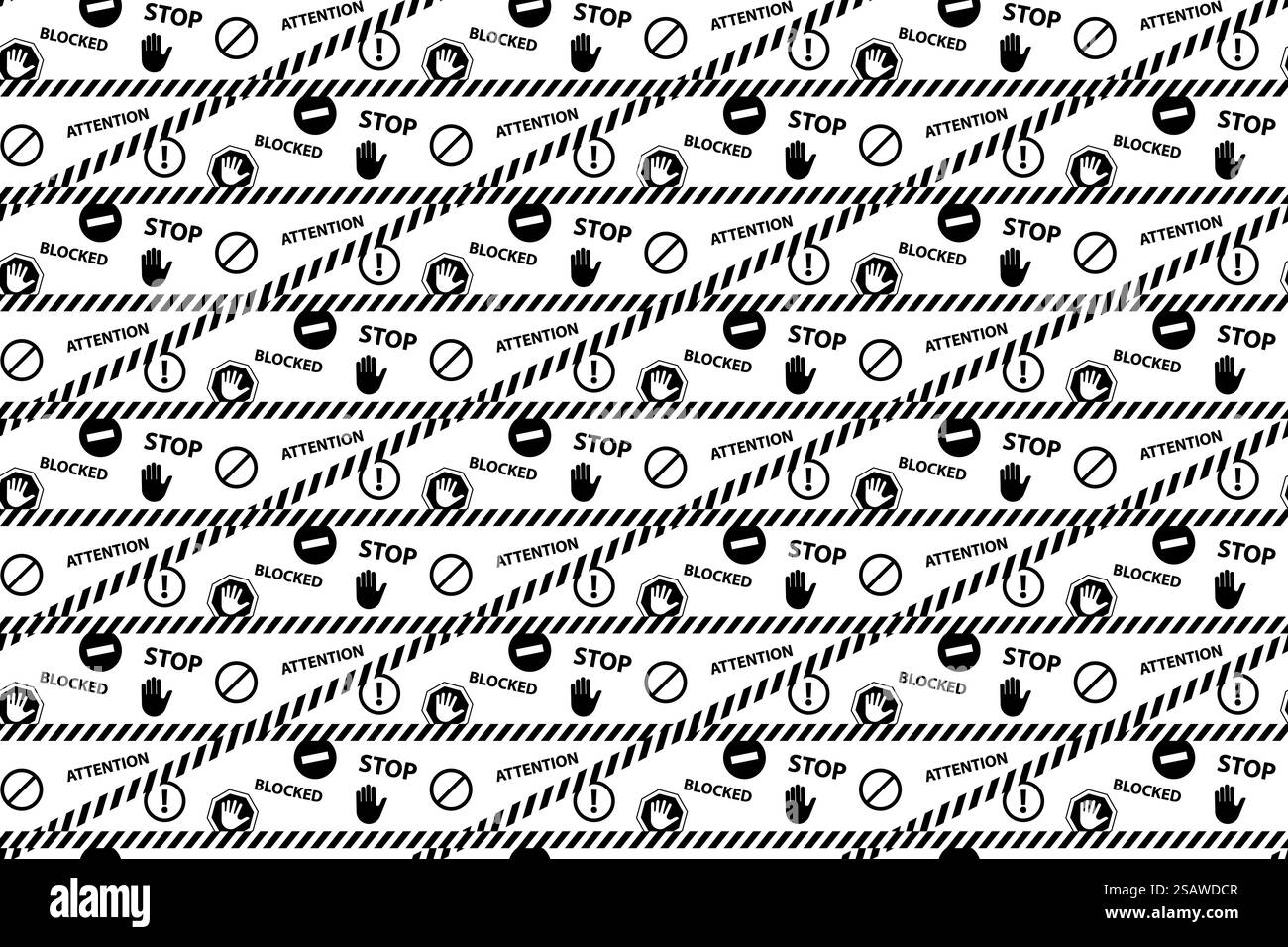 Interrompi blocco attenzione pericolo motivo bianco e nero senza cuciture. Illustrazione vettoriale. Interrompi blocco attenzione pericolo motivo bianco e nero senza cuciture Illustrazione Vettoriale